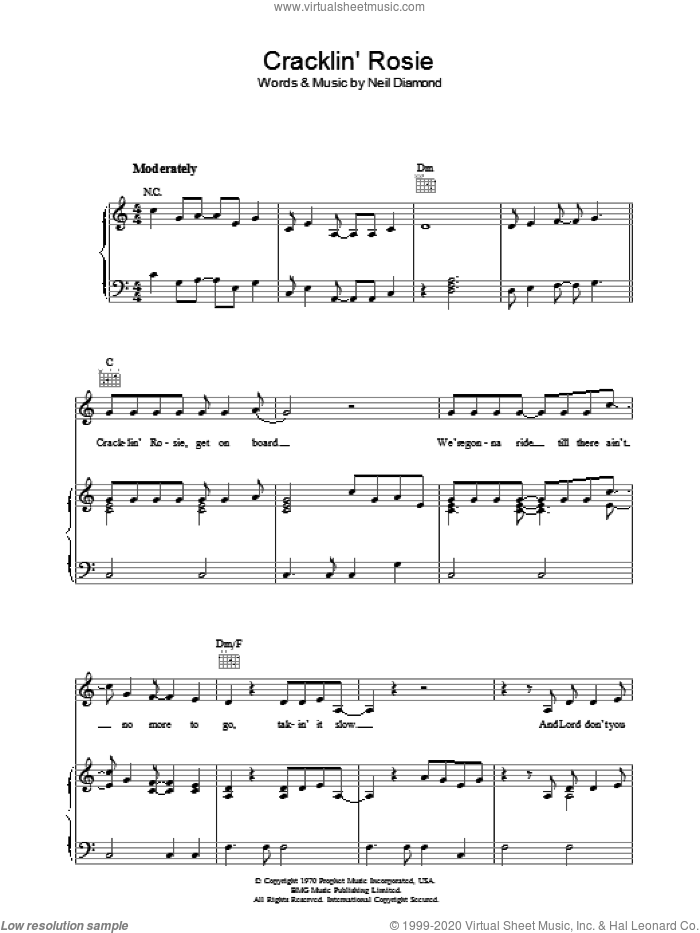 Cracklin' Rosie sheet music for voice, piano or guitar by Neil Diamond, intermediate skill level