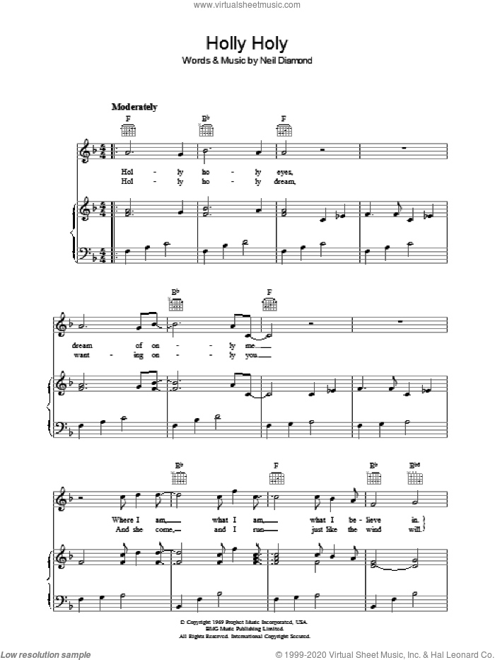 Holly Holy sheet music for voice, piano or guitar by Neil Diamond, intermediate skill level