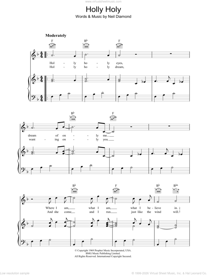 Holly Holy sheet music for voice, piano or guitar by Neil Diamond, intermediate skill level