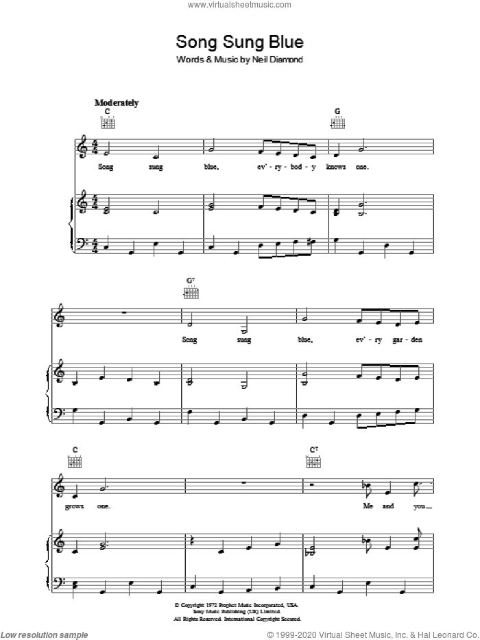 Song Sung Blue sheet music for voice, piano or guitar by Neil Diamond, intermediate skill level