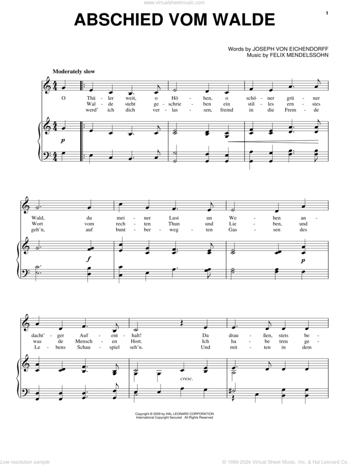 Abschied Vom Walde sheet music for voice, piano or guitar by Felix Mendelssohn-Bartholdy and Joseph von Eichendorff, intermediate skill level