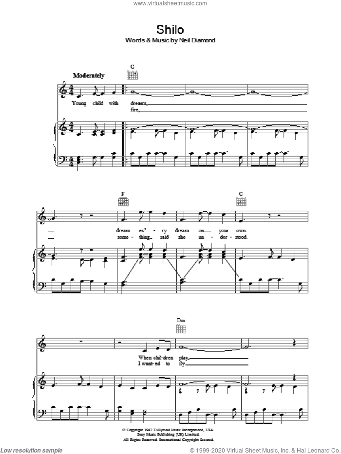 Shilo sheet music for voice, piano or guitar by Neil Diamond, intermediate skill level