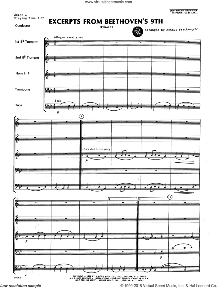 Excerpts From Beethoven's 9th (COMPLETE) sheet music for brass quintet by Ludwig van Beethoven and Arthur Frackenpohl, classical score, intermediate skill level