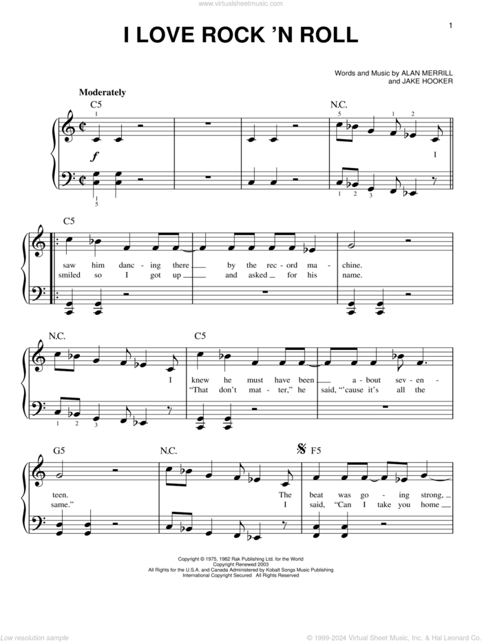 I Love Rock 'N Roll sheet music for piano solo by Joan Jett & The Blackhearts, Alan Merrill and Jake Hooker, easy skill level