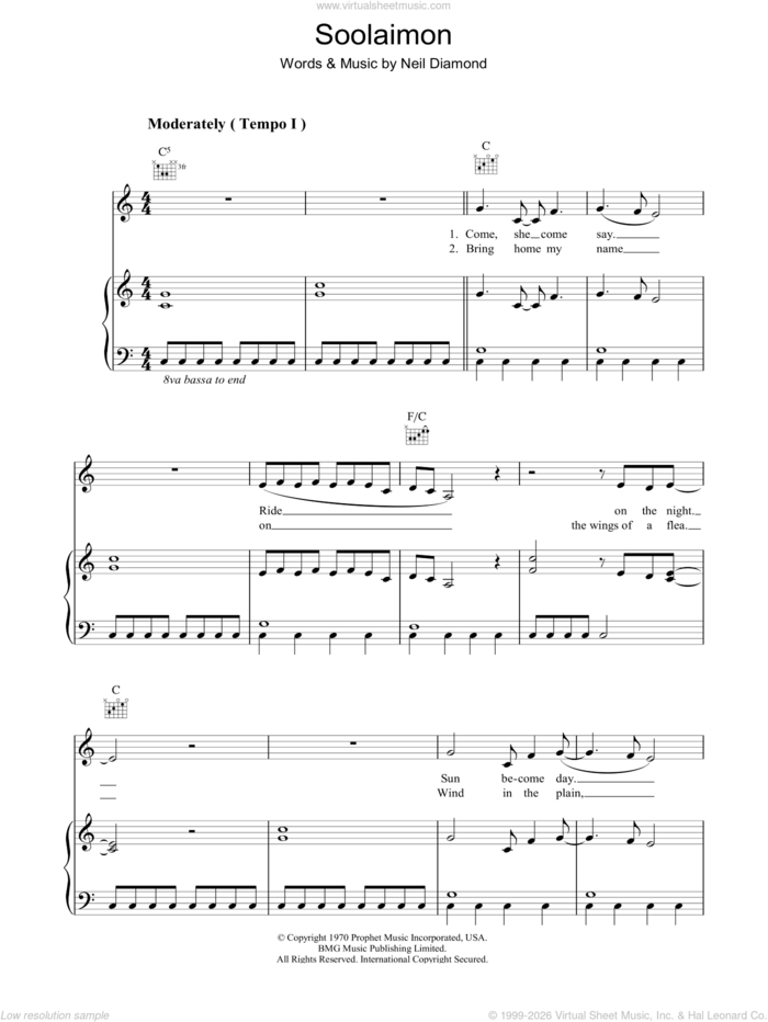 Soolaimon sheet music for voice, piano or guitar by Neil Diamond, intermediate skill level