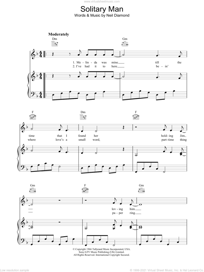 Solitary Man sheet music for voice, piano or guitar by Neil Diamond, intermediate skill level