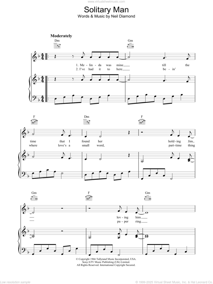 Solitary Man sheet music for voice, piano or guitar by Neil Diamond, intermediate skill level