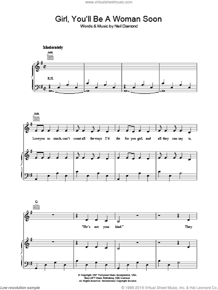 Girl, You'll Be A Woman Soon sheet music for voice, piano or guitar by Neil Diamond, intermediate skill level