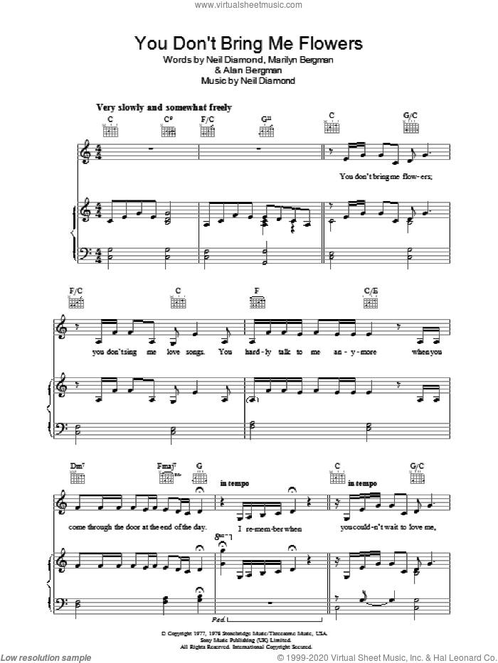 You Don't Bring Me Flowers sheet music for voice, piano or guitar by Neil Diamond & Barbra Streisand, Barbra Streisand, Alan Bergman, Marilyn Bergman and Neil Diamond, intermediate skill level