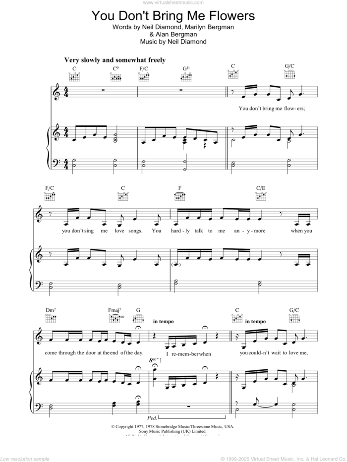 You Don't Bring Me Flowers sheet music for voice, piano or guitar by Neil Diamond & Barbra Streisand, Barbra Streisand, Alan Bergman, Marilyn Bergman and Neil Diamond, intermediate skill level