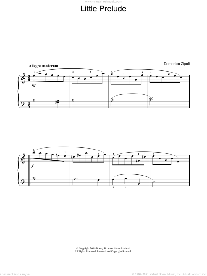 Little Prelude sheet music for voice, piano or guitar by Domenico Zipoli, classical score, intermediate skill level