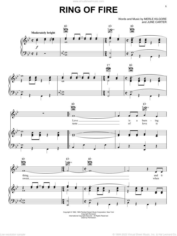 Ring Of Fire sheet music for voice, piano or guitar by Johnny Cash, Walk The Line (Movie), June Carter and Merle Kilgore, intermediate skill level