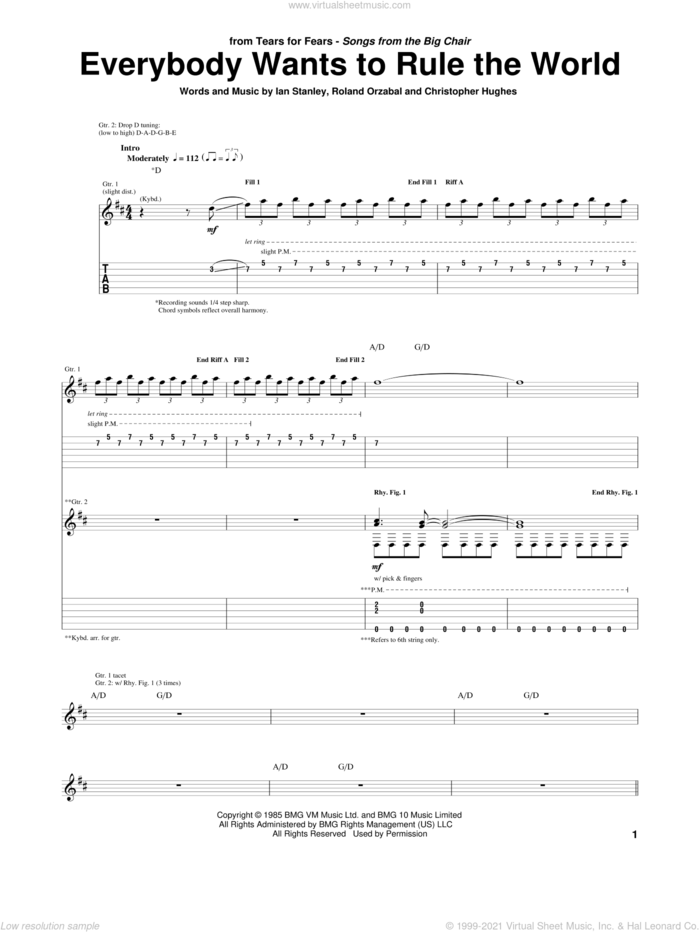 Everybody Wants To Rule The World sheet music for guitar (tablature) by Tears For Fears, Christopher Hughes, Ian Stanley and Roland Orzabal, intermediate skill level