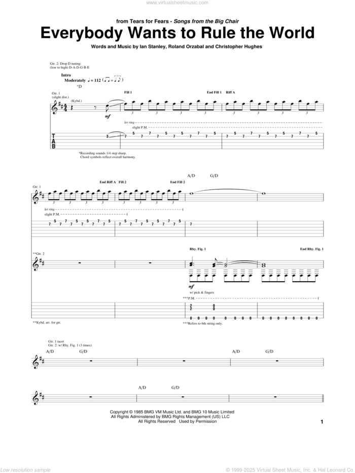 Everybody Wants To Rule The World sheet music for guitar (tablature) by Tears For Fears, Christopher Hughes, Ian Stanley and Roland Orzabal, intermediate skill level