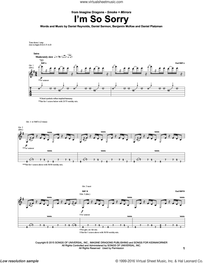 I'm So Sorry sheet music for guitar (tablature) by Imagine Dragons, Benjamin McKee, Daniel Platzman, Daniel Reynolds and Daniel Sermon, intermediate skill level