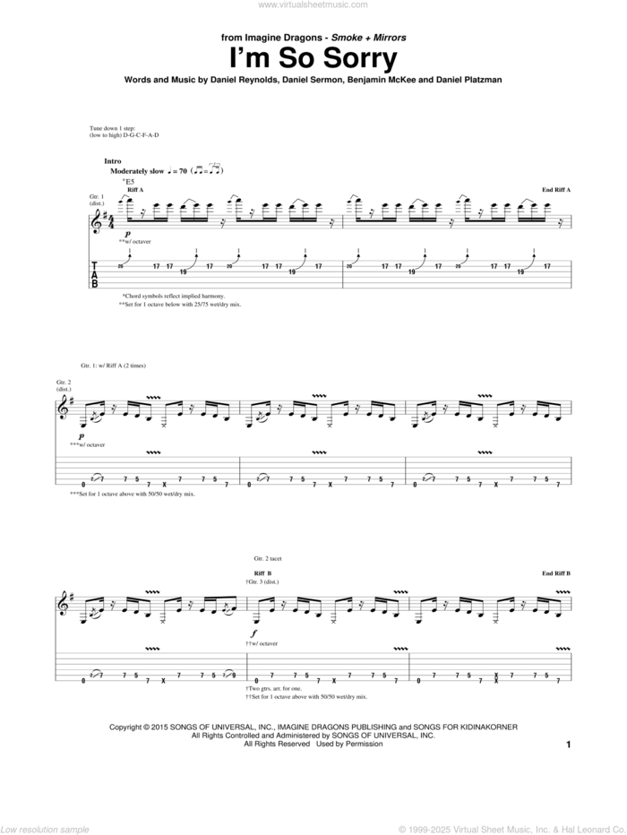 I'm So Sorry sheet music for guitar (tablature) by Imagine Dragons, Benjamin McKee, Daniel Platzman, Daniel Reynolds and Daniel Sermon, intermediate skill level