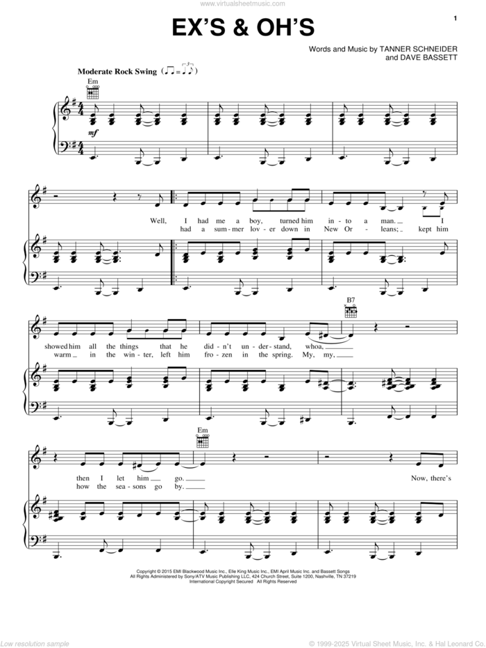 Ex's and Oh's sheet music for voice, piano or guitar by Elle King, Dave Bassett and Tanner Schneider, intermediate skill level