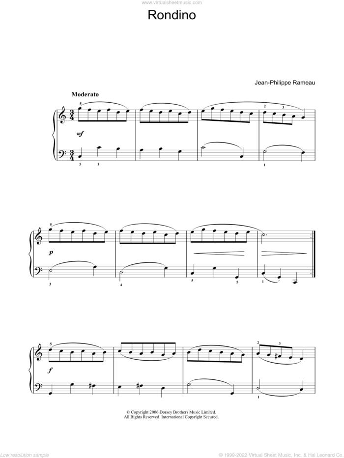 Rondino sheet music for voice, piano or guitar by Jean-Philippe Rameau, classical score, intermediate skill level