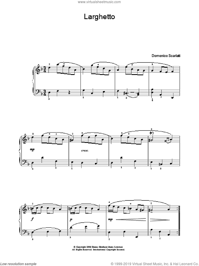 Larghetto sheet music for voice, piano or guitar by Domenico Scarlatti, classical score, intermediate skill level