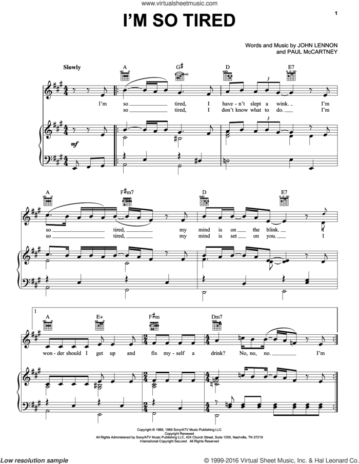 I'm So Tired sheet music for voice, piano or guitar by The Beatles, John Lennon and Paul McCartney, intermediate skill level