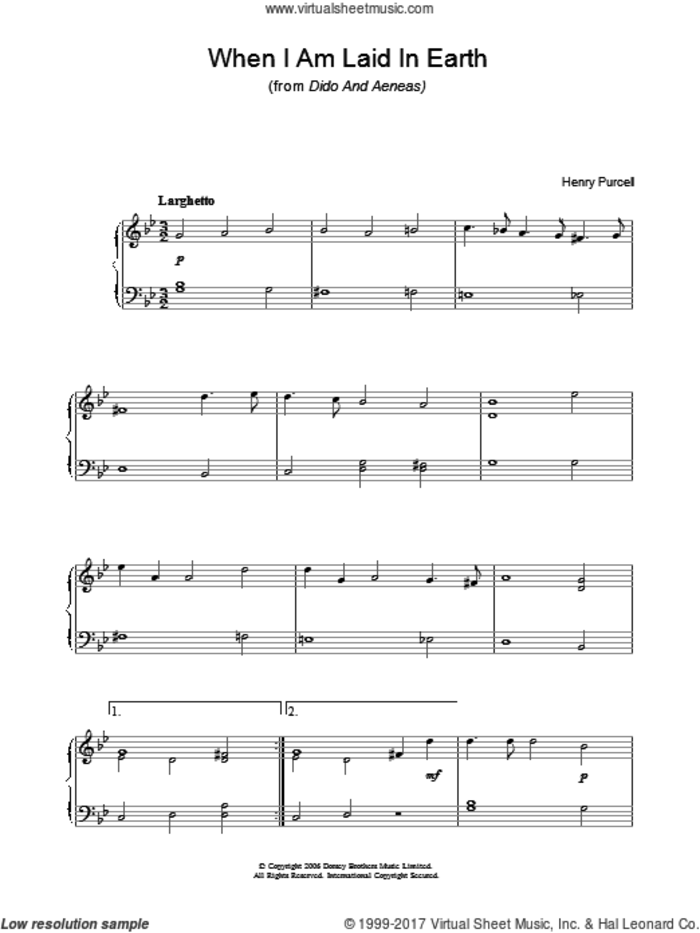 When I Am Laid In Earth (from Dido And Aeneas) sheet music for piano solo by Henry Purcell, classical score, intermediate skill level