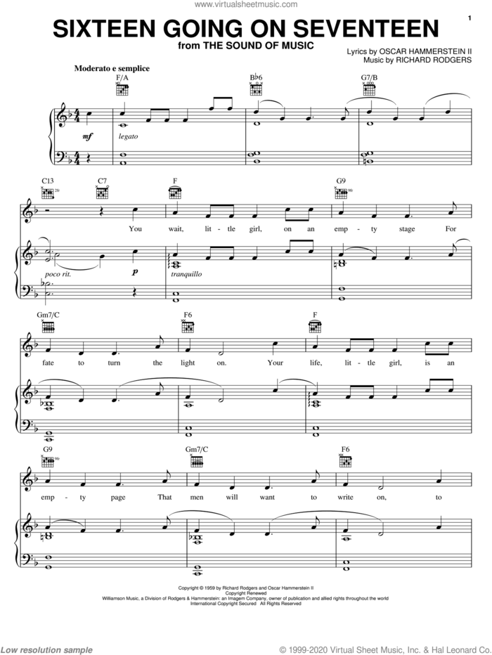 Sixteen Going On Seventeen (from The Sound of Music) sheet music for voice, piano or guitar by Rodgers & Hammerstein, Hammerstein, Rodgers &, Oscar II Hammerstein and Richard Rodgers, intermediate skill level