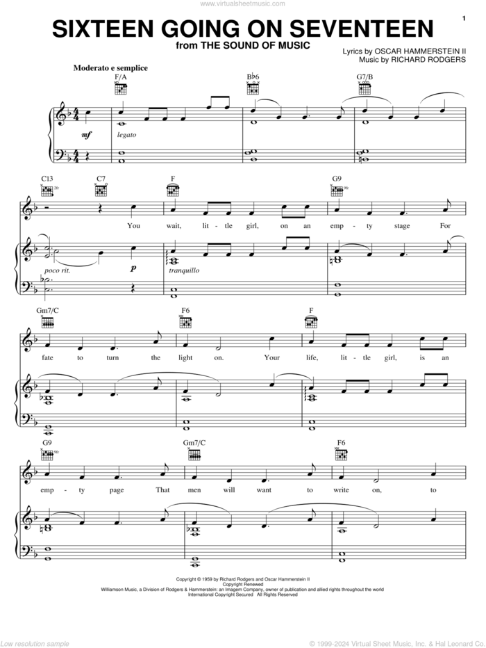 Sixteen Going On Seventeen (from The Sound of Music) sheet music for voice, piano or guitar by Rodgers & Hammerstein, Hammerstein, Rodgers &, Oscar II Hammerstein and Richard Rodgers, intermediate skill level