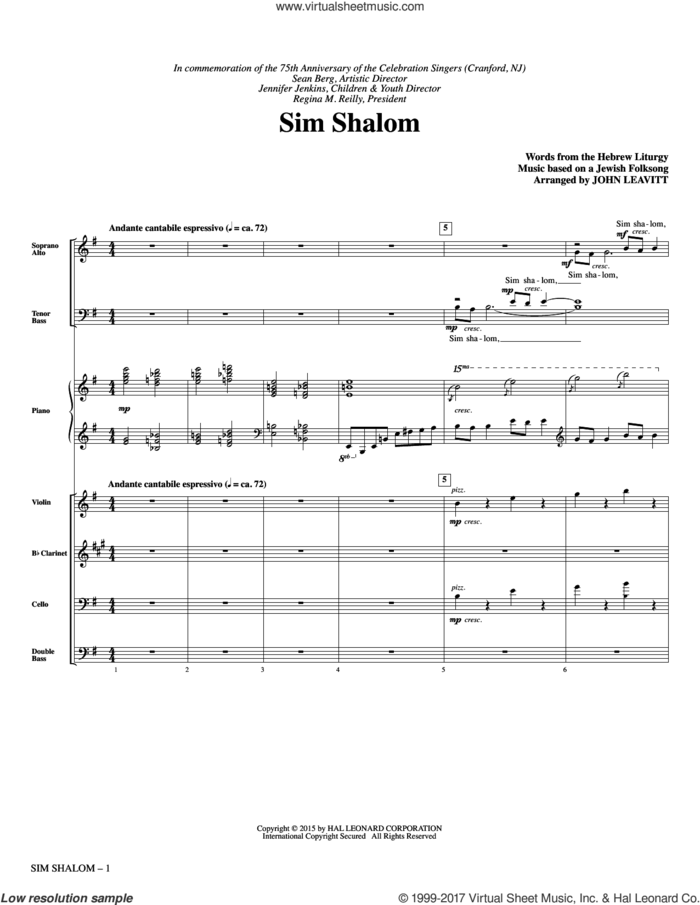 Sim Shalom (COMPLETE) sheet music for orchestra/band by John Leavitt, Jewish Folksong and The Hebrew Liturgy, intermediate skill level