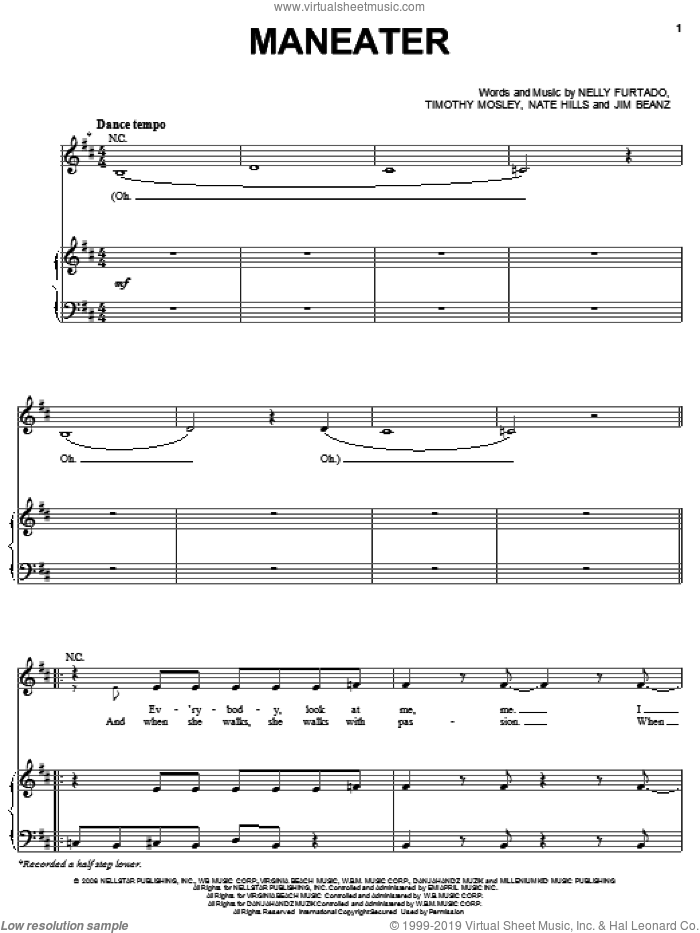 Maneater sheet music for voice, piano or guitar by Nelly Furtado, Jim Beanz, Nate Hills and Tim Mosley, intermediate skill level