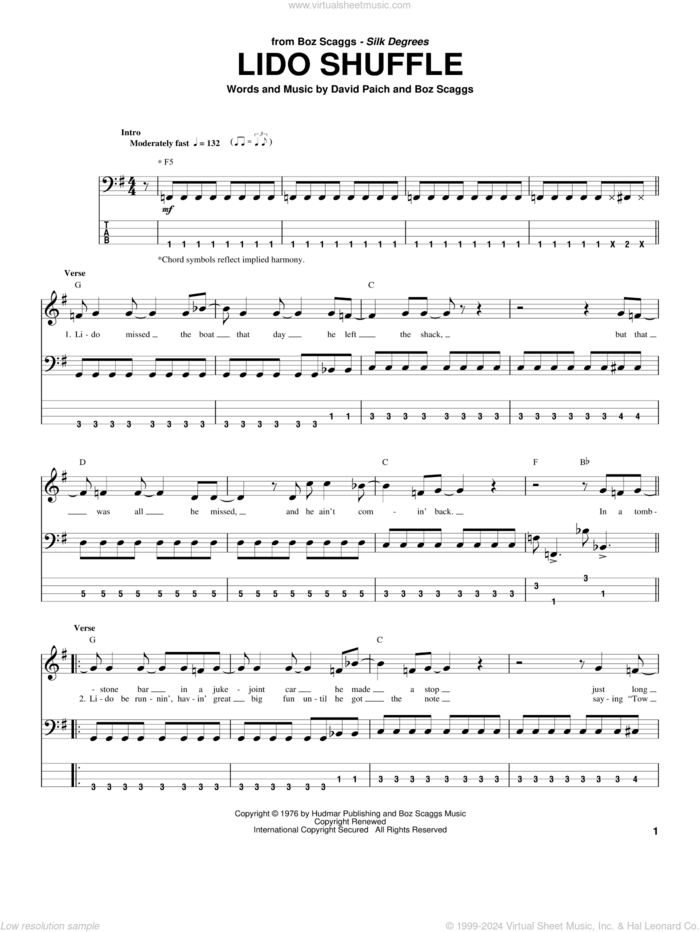 Lido Shuffle sheet music for bass (tablature) (bass guitar) by Boz Scaggs and David Paich, intermediate skill level