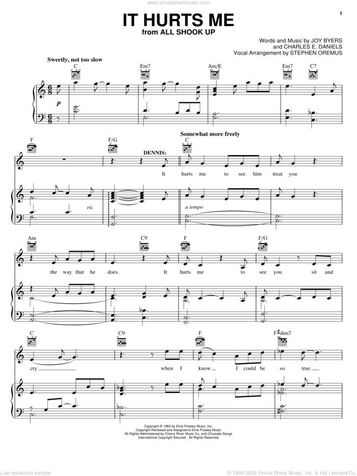 It Hurts Me sheet music for voice, piano or guitar by Elvis Presley, All Shook Up (Musical), Charles E. Daniels and Joy Byers, intermediate skill level