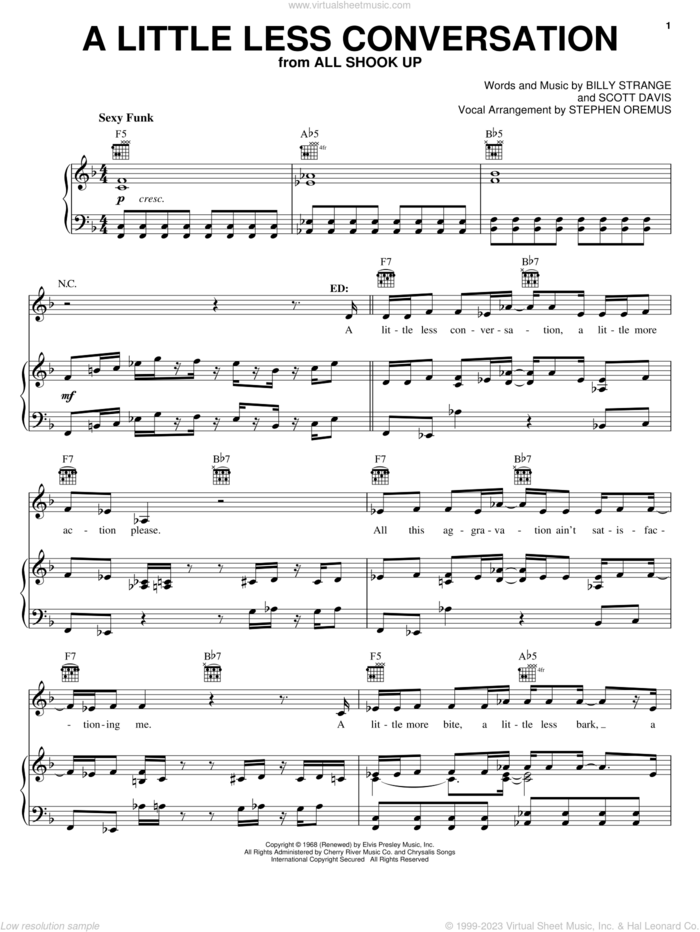 A Little Less Conversation sheet music for voice, piano or guitar by Elvis Presley, All Shook Up (Musical), Billy Strange and Scott Davis, intermediate skill level