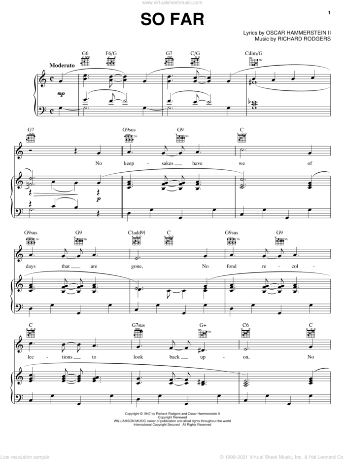 So Far sheet music for voice, piano or guitar by Rodgers & Hammerstein, Hammerstein, Rodgers &, Oscar II Hammerstein and Richard Rodgers, intermediate skill level