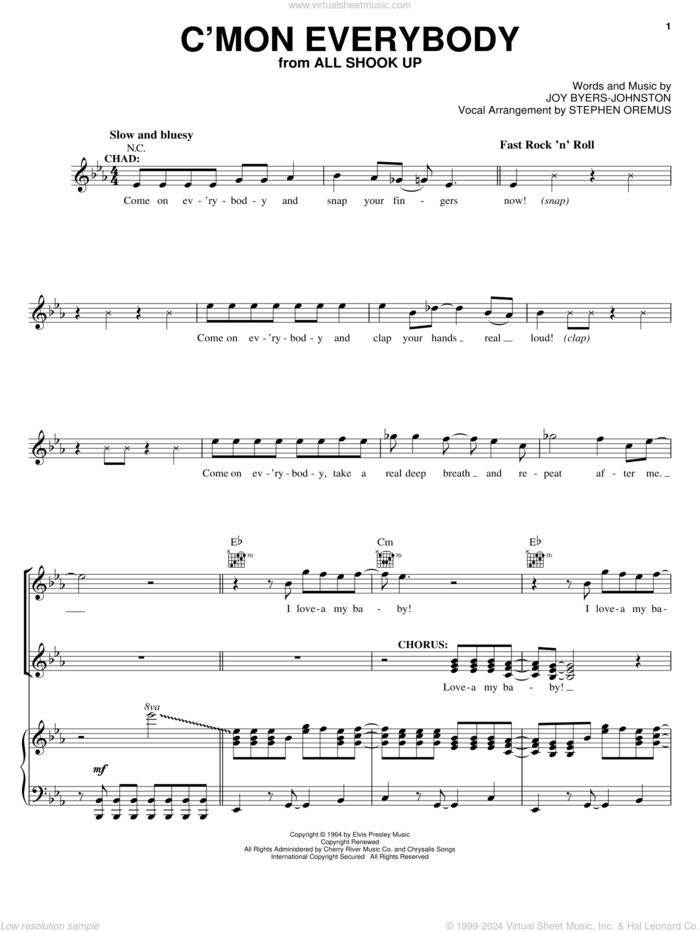 C'mon Everybody sheet music for voice, piano or guitar by Elvis Presley, All Shook Up (Musical) and Joy Byers-Johnston, intermediate skill level