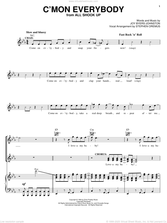 C'mon Everybody sheet music for voice, piano or guitar by Elvis Presley, All Shook Up (Musical) and Joy Byers-Johnston, intermediate skill level