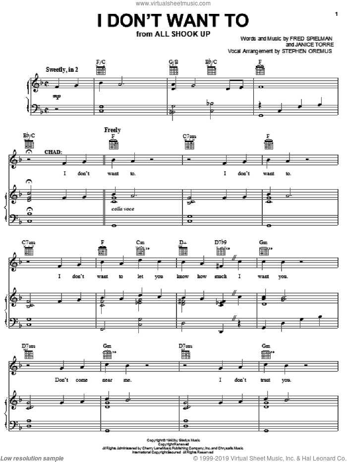 I Don't Want To sheet music for voice, piano or guitar by Elvis Presley, All Shook Up (Musical), Fred Spielman and Janice Torre, intermediate skill level