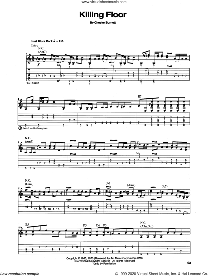 Killing Floor sheet music for guitar (tablature) by Jimi Hendrix, Albert King, Mike Bloomfield and Chester Burnett, intermediate skill level