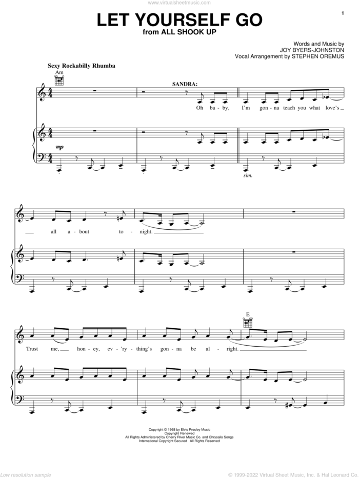 Let Yourself Go sheet music for voice, piano or guitar by Elvis Presley, All Shook Up (Musical) and Joy Byers-Johnston, intermediate skill level