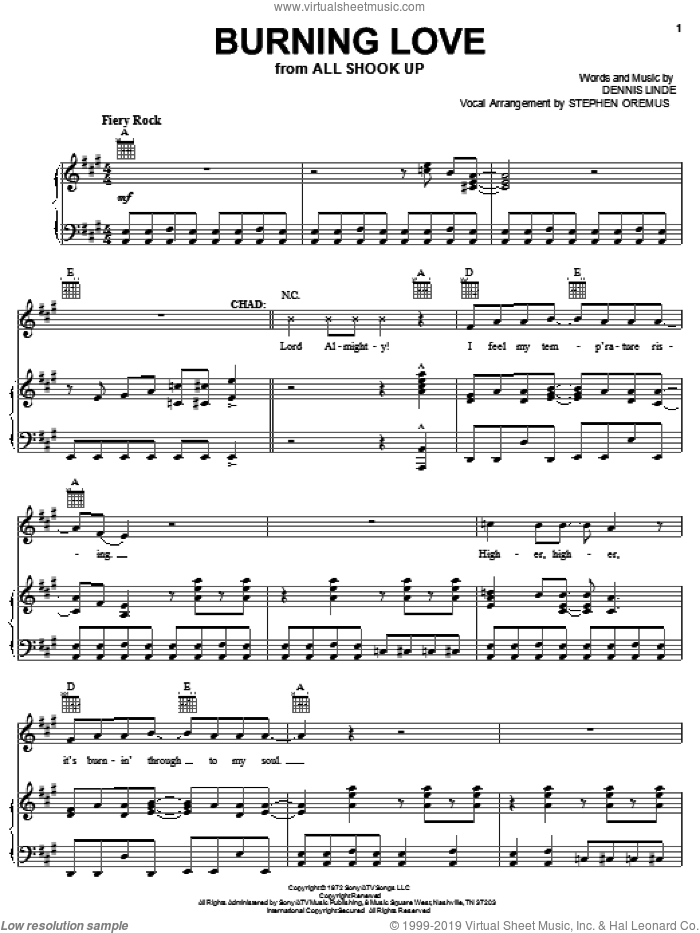 Burning Love sheet music for voice, piano or guitar by Elvis Presley, All Shook Up (Musical) and Dennis Linde, intermediate skill level