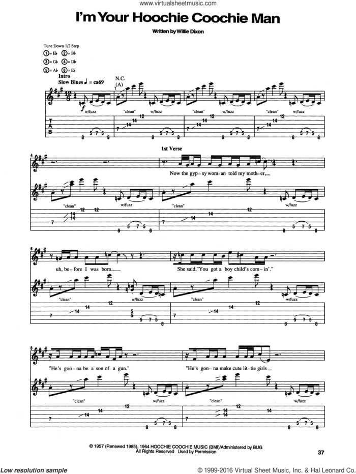 I'm Your Hoochie Coochie Man sheet music for guitar (tablature) by Jimi Hendrix, Muddy Waters and Willie Dixon, intermediate skill level