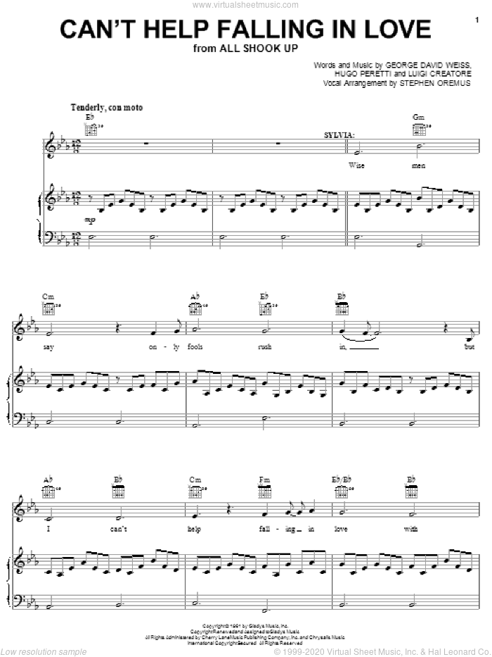 Can't Help Falling In Love sheet music for voice, piano or guitar by Elvis Presley, All Shook Up (Musical), George David Weiss, Hugo Peretti and Luigi Creatore, wedding score, intermediate skill level
