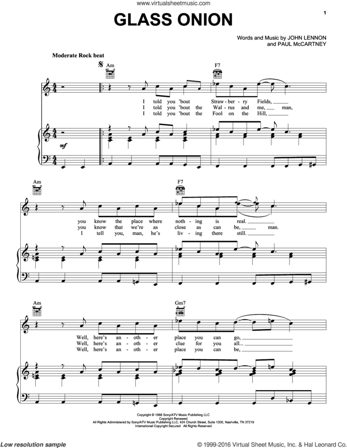 Glass Onion sheet music for voice, piano or guitar by The Beatles, John Lennon and Paul McCartney, intermediate skill level