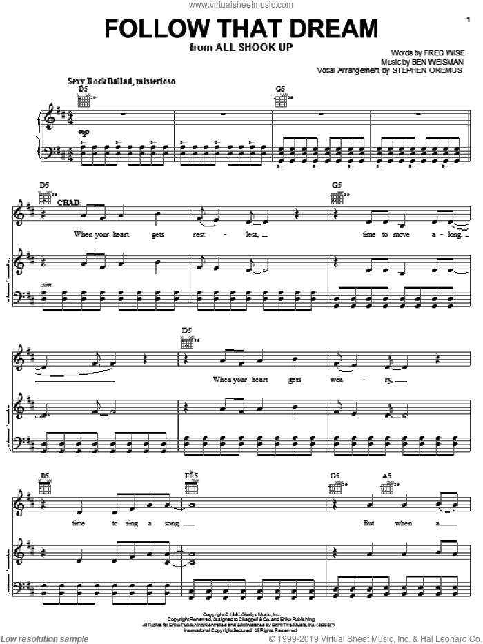 Follow That Dream sheet music for voice, piano or guitar by Elvis Presley, All Shook Up (Musical), Ben Weisman and Fred Wise, intermediate skill level