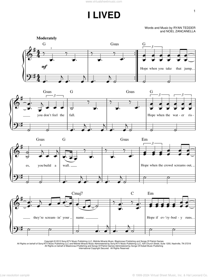 I Lived sheet music for piano solo by OneRepublic, Noel Zancanella and Ryan Tedder, easy skill level