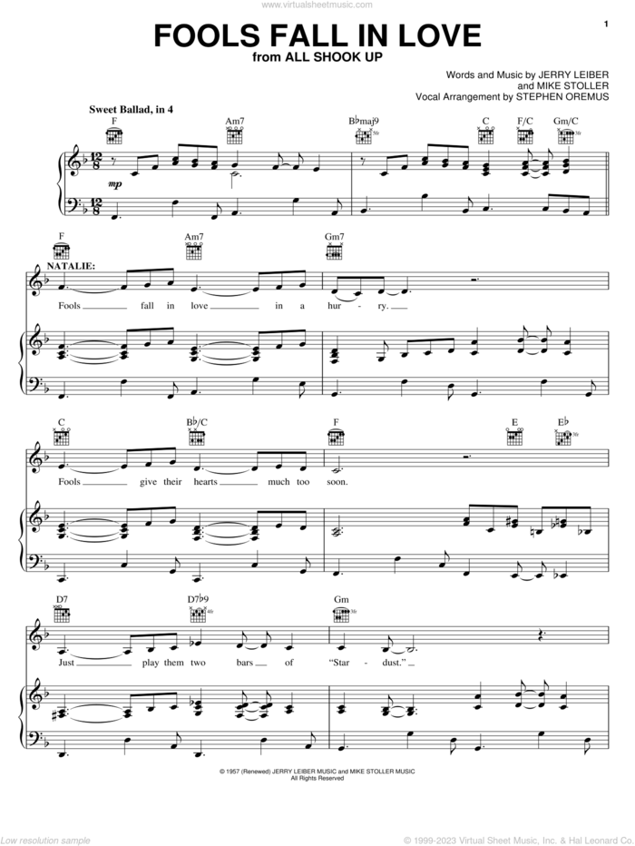 Fools Fall In Love sheet music for voice, piano or guitar by Elvis Presley, All Shook Up (Musical), Jerry Leiber and Mike Stoller, intermediate skill level