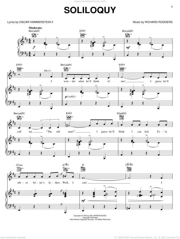 Soliloquy sheet music for voice, piano or guitar by Rodgers & Hammerstein, Carousel (Musical), Oscar II Hammerstein and Richard Rodgers, intermediate skill level