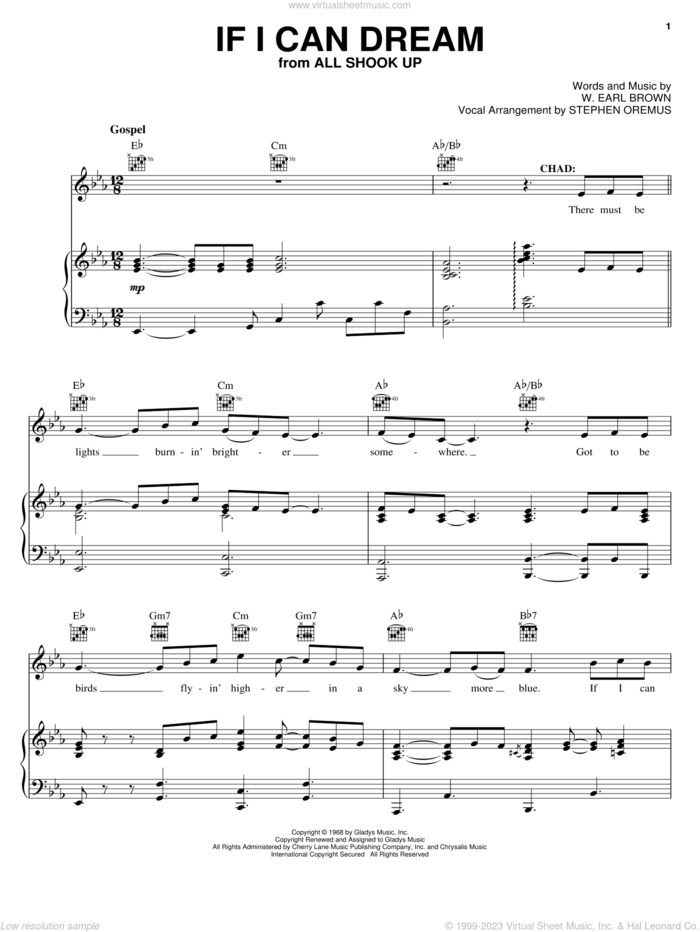 If I Can Dream sheet music for voice, piano or guitar by Elvis Presley, All Shook Up (Musical) and W. Earl Brown, intermediate skill level
