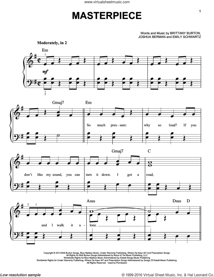 Masterpiece sheet music for piano solo by Jessie J, Brittany Burton, Emily Schwartz and Joshua Berman, easy skill level