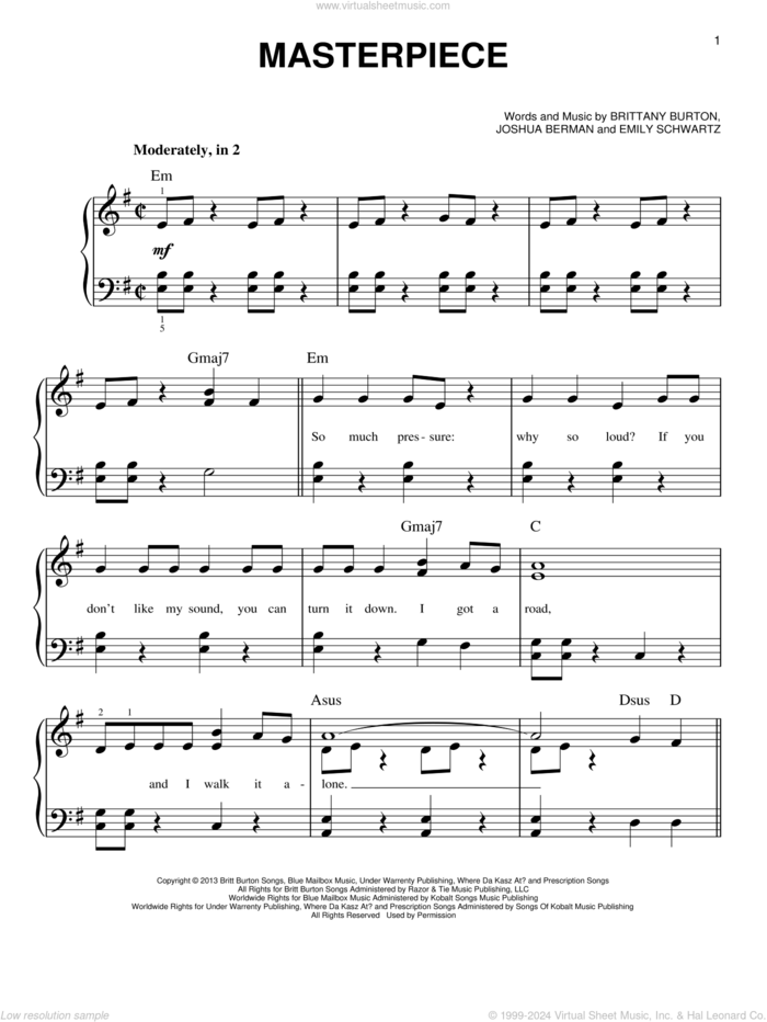 Masterpiece sheet music for piano solo by Jessie J, Brittany Burton, Emily Schwartz and Joshua Berman, easy skill level