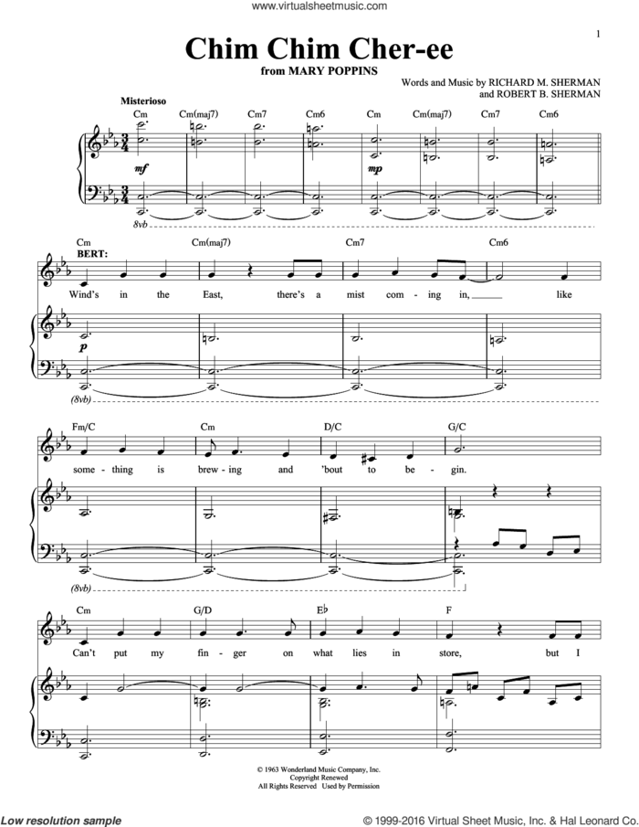 Chim Chim Cher-ee (from Mary Poppins: The Musical) sheet music for voice and piano by Sherman Brothers, New Christy Minstrels, Richard M. Sherman and Robert B. Sherman, intermediate skill level